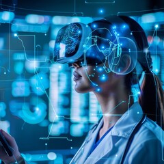 A healthcare professional wearing a VR headset explores cutting-edge telehealth technology against a backdrop of futuristic interface graphics - obrazy, fototapety, plakaty