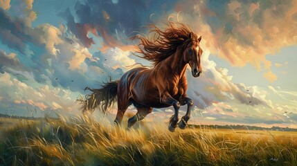A vivid oil painting of a majestic chestnut horse galloping freely across a field with a dynamic sky - obrazy, fototapety, plakaty