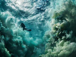 An underwater explorer delves into the ocean's depths, revealing the enigmatic beauty of a world beneath the waves - obrazy, fototapety, plakaty
