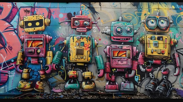 A vibrant graffiti mural showcasing a group of stylized robot characters with playful expressions and vivid colors