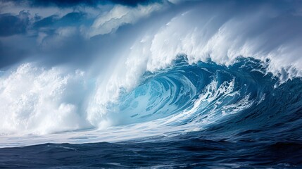 Spectacular colossal ocean wave surging dramatically against a stunning blue sky