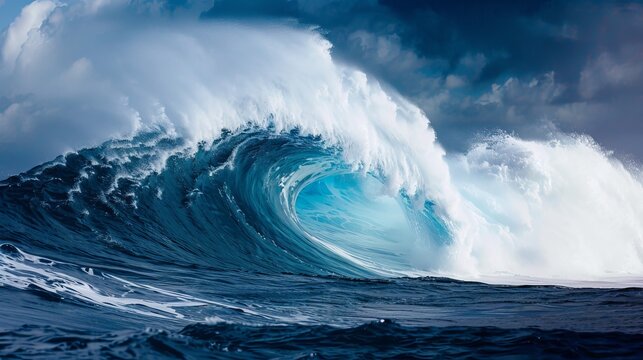 Giant ocean wave against blue sky, side view perspective showcasing nature s power and beauty