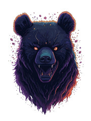 Charming illustration showing an imposing bear head in purple and violet tones, with glowing eyes, creating unique art