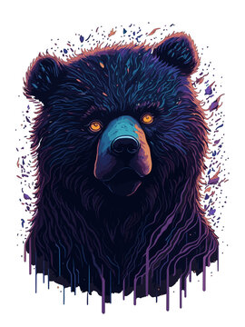 Dazzling visual representation of a colossal bear head in purple and violet tones, with glowing eyes, forming a unique artistic creation