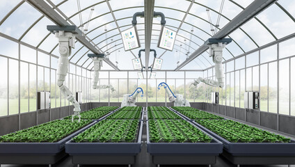 Agriculture technology with robot assistant in indoor farm or glasshouse
