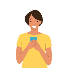 Portrait of young woman in casual clothes smiling while holding a phone. looking at camera on white background. People lifestyle concept. 