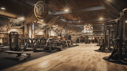 A gym layout for a Viking great hall fitness center, with Viking-inspired workouts and Nordic decor.