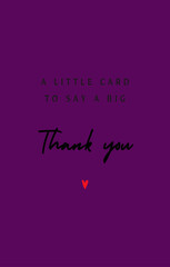 Thank you with red heart. Black text, lettering, on purple background Card banner design. Vector	