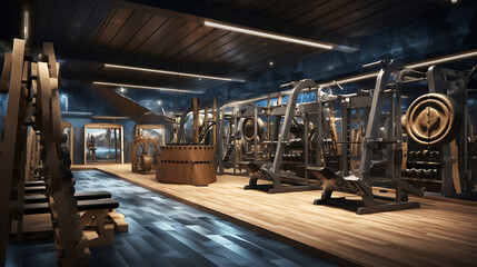 A gym layout for a Viking longship fitness center, with Viking-inspired workouts and Nordic decor.