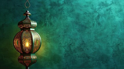 A bright arabic lantern and green wall marble motifs for a joyful Ramadan Kareem