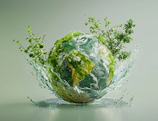 earth globe with green water plants and trees floating in the air