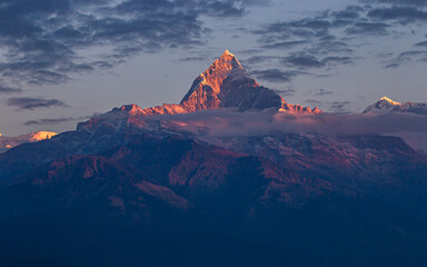 Landscape view of Mount Machhapuchre  range in Pokhara, Nepal.