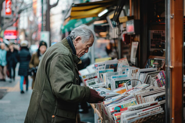 An old man is reading and buying newspapers on the street
