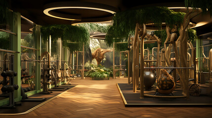 A gym layout for a wildlife sanctuary fitness center, with animal-inspired exercise equipment and...