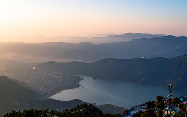 Landscape view of Phewa Lake in Pokhara, Nepal.