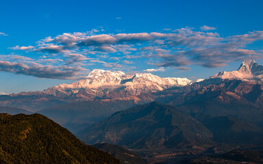 Landscape view of Mount Annapurna range in Pokhara, Nepal. - obrazy, fototapety, plakaty