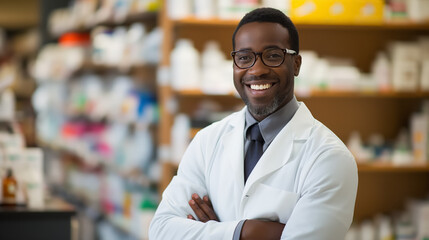 Smiling pharmacist in white coat, confident. - obrazy, fototapety, plakaty