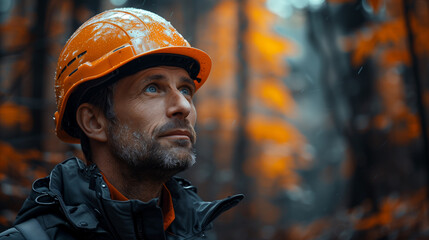 ingénieur agronome ou BTP en forêt portant un casque de chantier, il regarde le chantier - obrazy, fototapety, plakaty