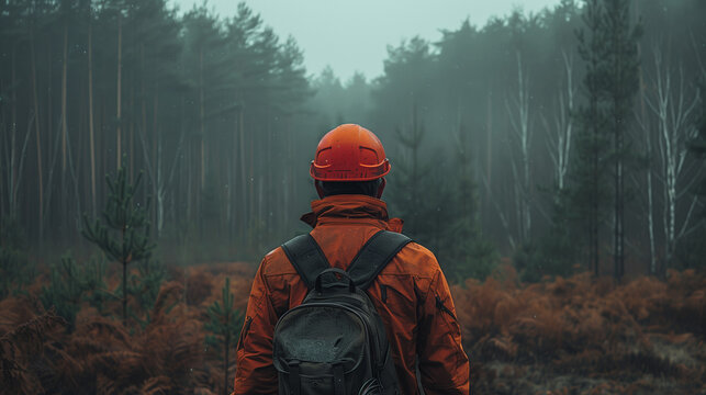 ing&eacute;nieur agronome ou BTP en for&ecirc;t portant un casque de chantier