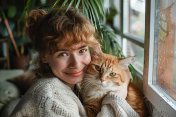 Fototapeta na wymiar Portrait of happy young woman sitting with her cat in home