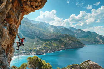 Professional male climber on overhanging rock against beautiful view coast