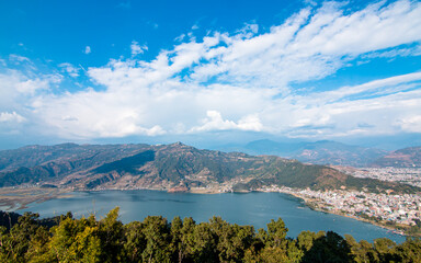 Fototapeta na wymiar Landscape view of Phewa lake in Pokhara, Nepal.
