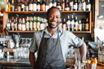 smiling bartender standing the front of the counter in a restaurant - Powered by Adobe