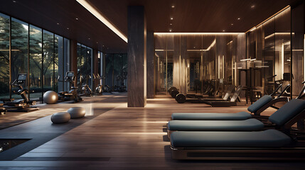 A gym layout that features a high-end spa and relaxation area for post-workout recovery.