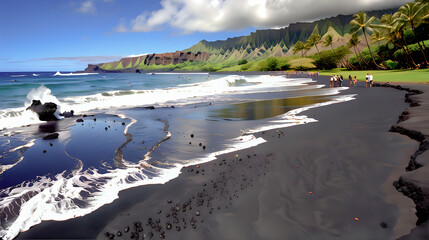 Hawaiian Escapade: Tourists Delight on Black Beach Sands"