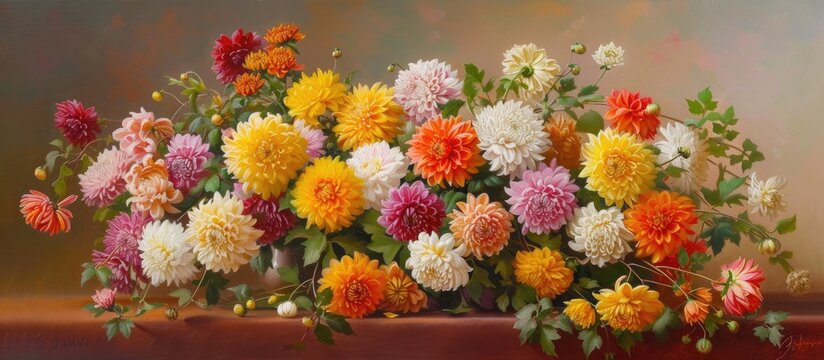This painting showcases a colorful assortment of chrysanthemums and other beautiful flowers grouped together in a vase. The vibrant petals and rich colors create a visually striking display that is