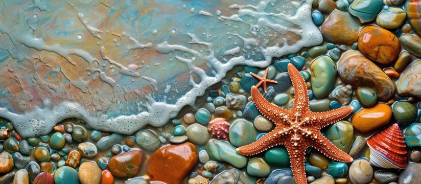 A detailed painting showcasing a vibrant starfish on a rocky beach, with pebbles scattered around. The starfish is the focal point, adorning the shoreline with its unique shape and colors.