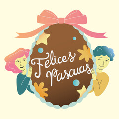 Ilustracion vectorial Felices Pascuas, Huevo de Pascuas, Huevo de chocolate con frase en español