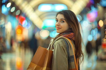 Young happy woman with shopping bags at mall looking away