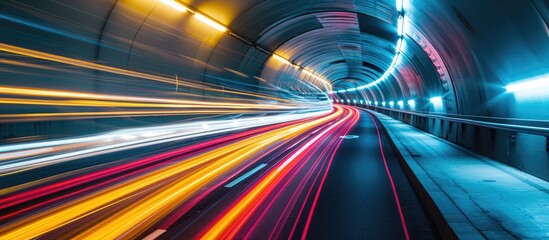A tunnel is illuminated by streaks of light captured through a long exposure photograph, showcasing the trails of car lights passing through the underground passage. The vibrant streaks create a