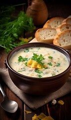 Chowder on a wooden background. Selective focus.