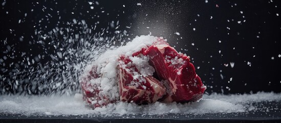 A piece of meat sits on a table, covered in a layer of freshly fallen snow. The meat appears frozen, with snowflakes still clinging to its surface.
