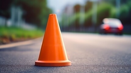 Traffic cone on the road in the evening with blurred background.