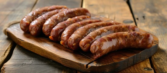 A collection of delicious Italian sausages neatly arranged on a rustic wooden cutting board, showcasing a mouthwatering display of this popular Italian cuisine.