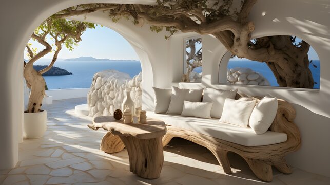 beautiful white traditional greek house cozy art studio room interior built around an ancient plane tree, square window view out to beautiful nature and ocean in greece