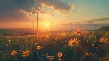 Foto op Aluminium Sustainable Wind Energy and Wildflower Field at Sunset © Sven