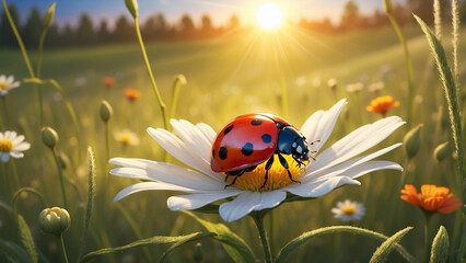 A solitary ladybug basks in the warm light on a white flower, casting a captivating shadow on the meadow floor and the vibrant colors of the setting sun reflect in its tiny wings