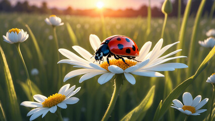 A solitary ladybug basks in the warm light on a white flower, casting a captivating shadow on the meadow floor and the vibrant colors of the setting sun reflect in its tiny wings - obrazy, fototapety, plakaty