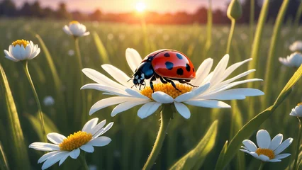 Foto op Plexiglas A solitary ladybug basks in the warm light on a white flower, casting a captivating shadow on the meadow floor and the vibrant colors of the setting sun reflect in its tiny wings © mdaktaruzzaman