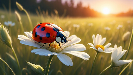 Obraz premium A solitary ladybug basks in the warm light on a white flower, casting a captivating shadow on the meadow floor and the vibrant colors of the setting sun reflect in its tiny wings