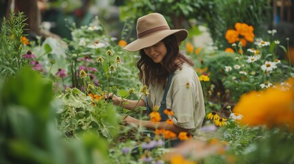 Joyful Gardener Tending to Flower Garden with Variety of Colorful Blooms