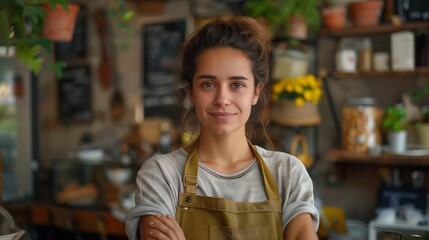 Confident Female Entrepreneur in Apron at Cozy Plant-Filled Cafe