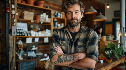 Confident Male Entrepreneur with Tattooed Arms in His Craft Coffee Shop