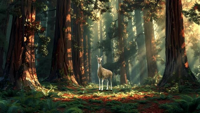 deer in the middle of a dense forest, Seamless looping 4k video background animation