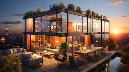 a gray modular office container unit with sliding glazed doors, luxury interior with lounge, architectural visualization, sunset in an urban environment