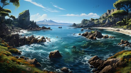 A panoramic view of a secluded cobalt blue ocean cove, surrounded by lush green cliffs